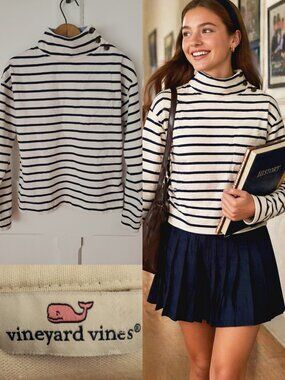 Vineyard Vines Striped Buttoned Mock Neck Top XS Navy White Preppy Cotton